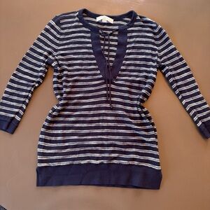 Ann Taylor LOFT Navy and White Striped Cotton V-Neck with 3/4 Sleeve